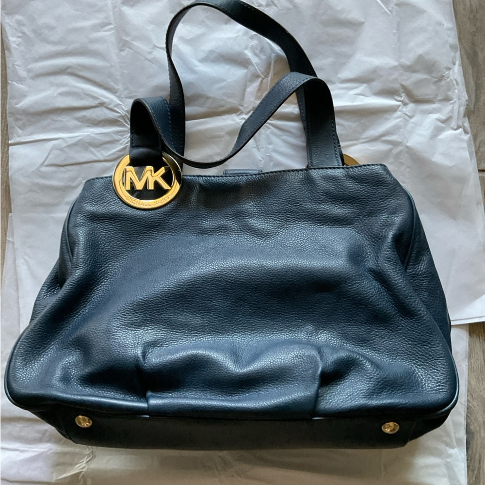 MICHAEL KORS Fulton Pebbled Leather Satchel Tote Shoulder Navy Handbag